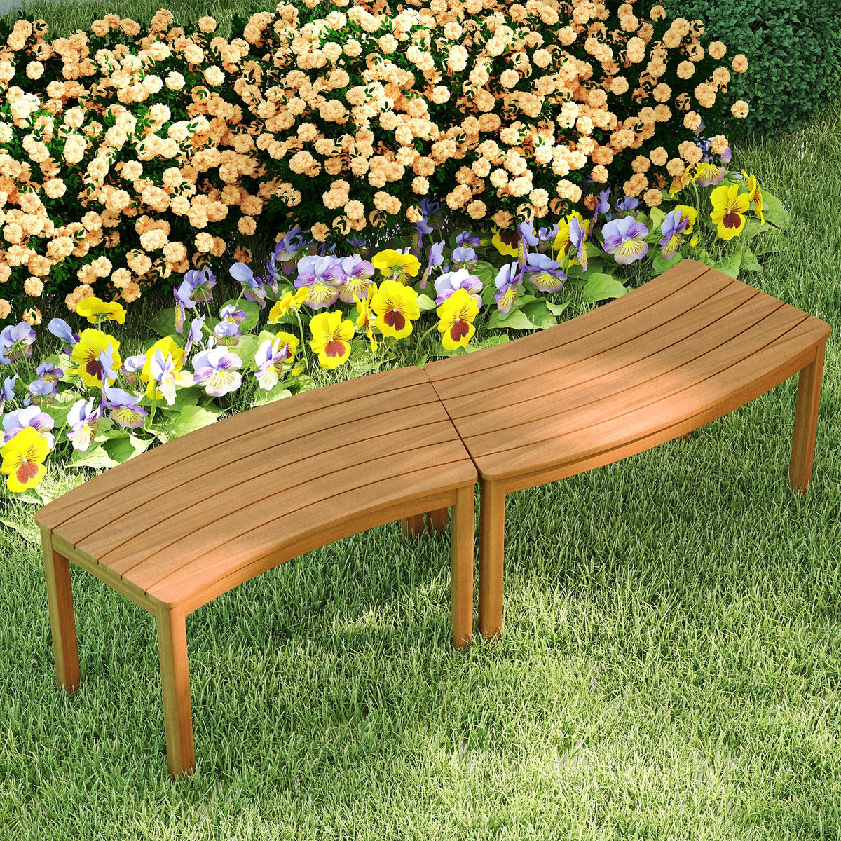 Curved acacia wood outdoor bench with slatted tabletop top and tapered legs