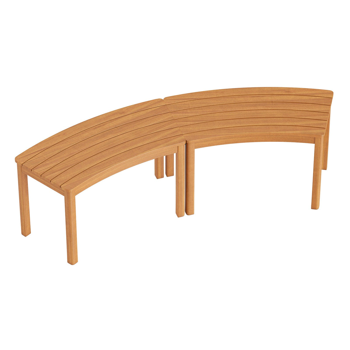 Curved acacia wood outdoor bench with slatted seat and arched end panels