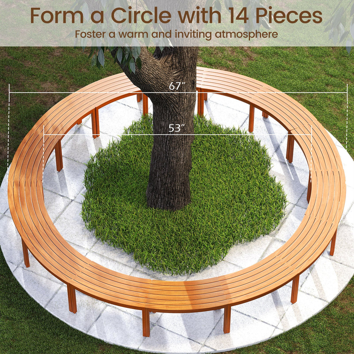 Curved acacia wood bench set arranged in a circle around a tree on an outdoor patio.