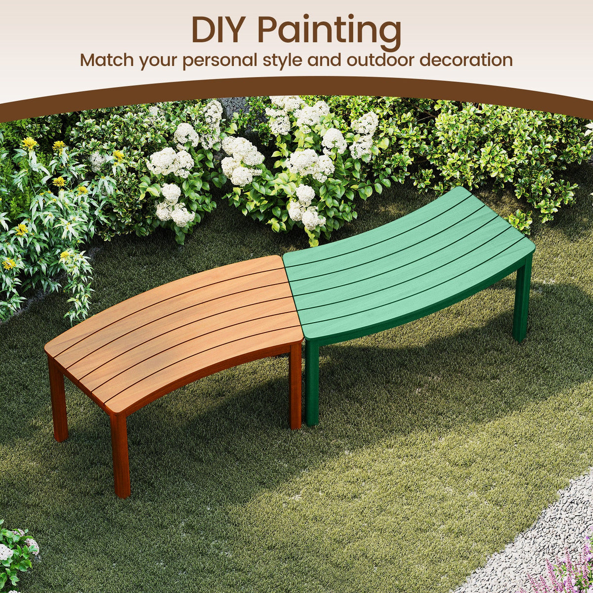 Outdoor curved acacia wood bench with green slatted seat and backrest