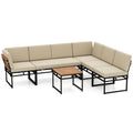 Beige outdoor corner sectional sofa set with black metal legs and cushioned bench sections