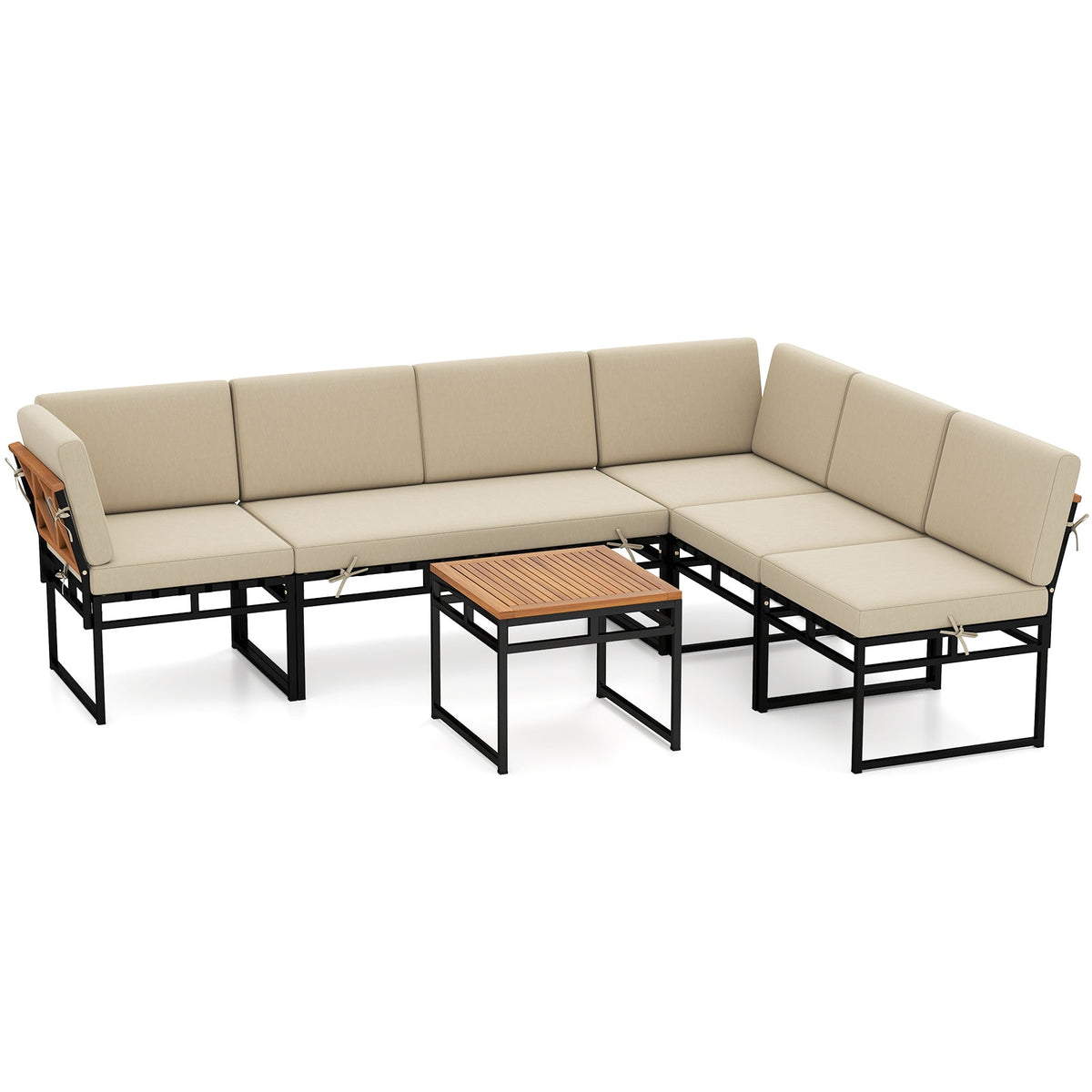 Beige outdoor corner sectional sofa set with black metal legs and cushioned bench sections