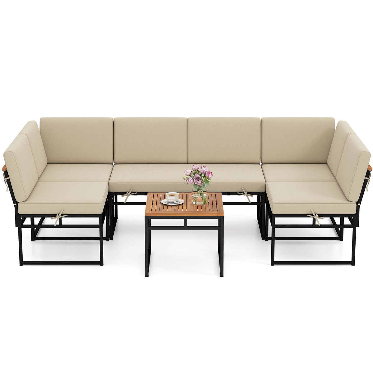 Beige outdoor sectional sofa set with black metal frame and cushioned corner seating