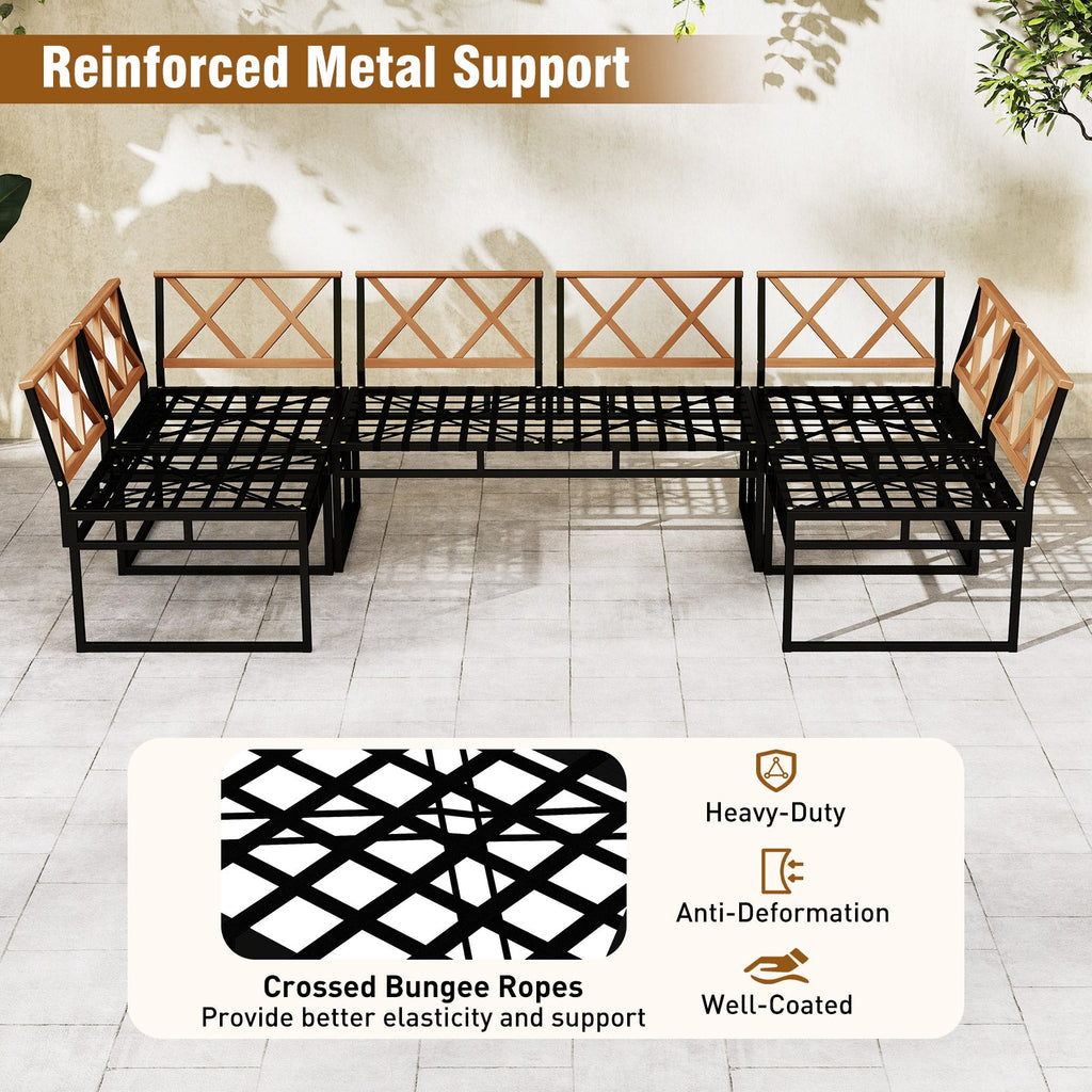 Reinforced metal outdoor sectional sofa set with black frame and beige cushioned seating