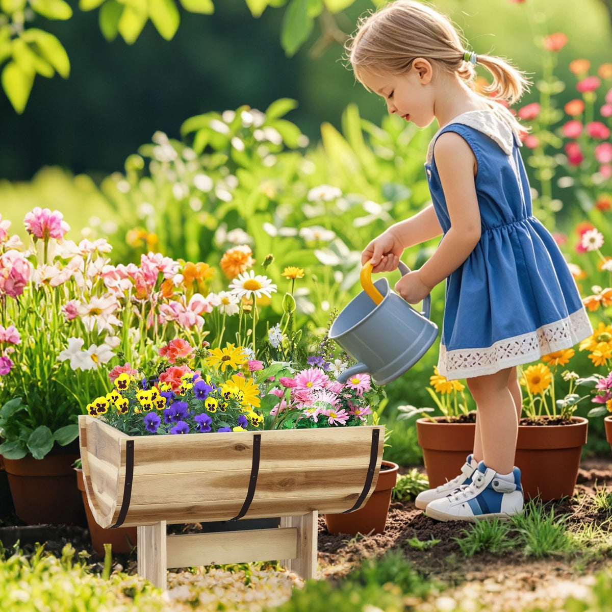 Wooden planter box with legs and black bands, filled with colorful garden flowers