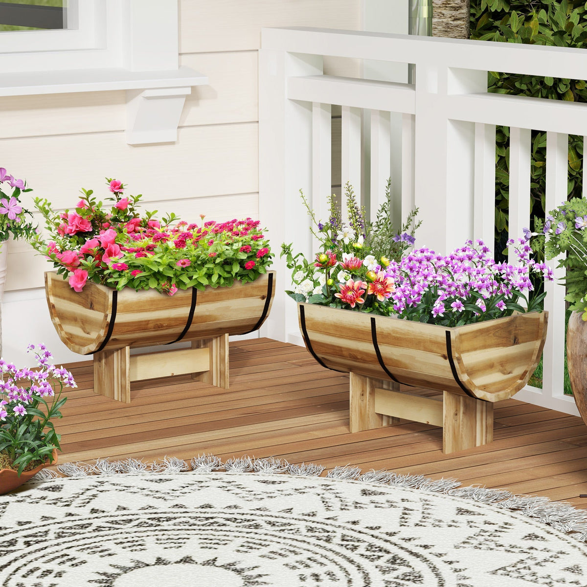 Wooden bench-style planter with two long boxes and black bands, outdoor flowers