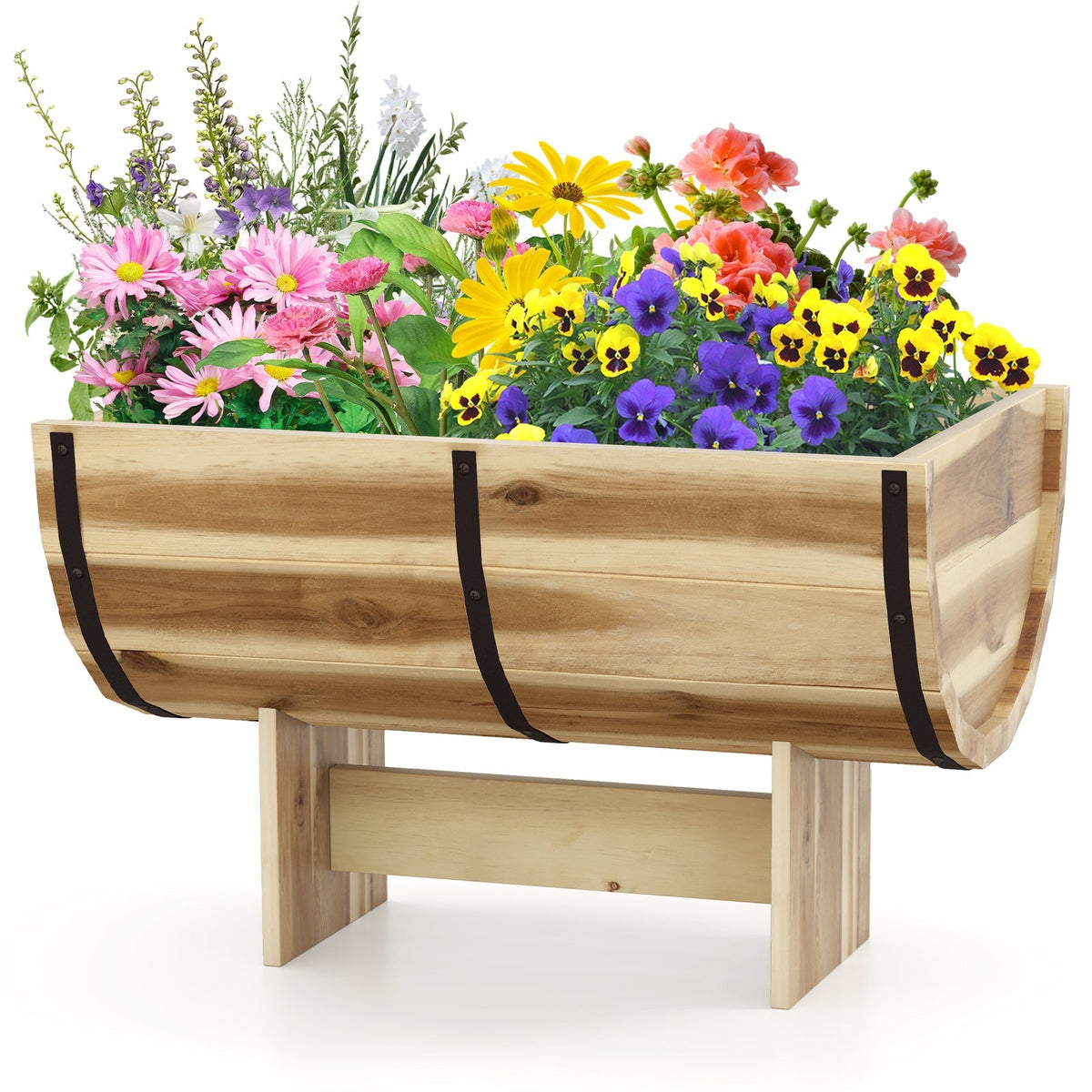 Wooden planter box on legs with black bands, filled with vibrant flowers