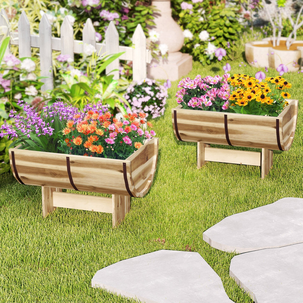 Two wooden planters on legs with black bands, surrounded by colorful blooms