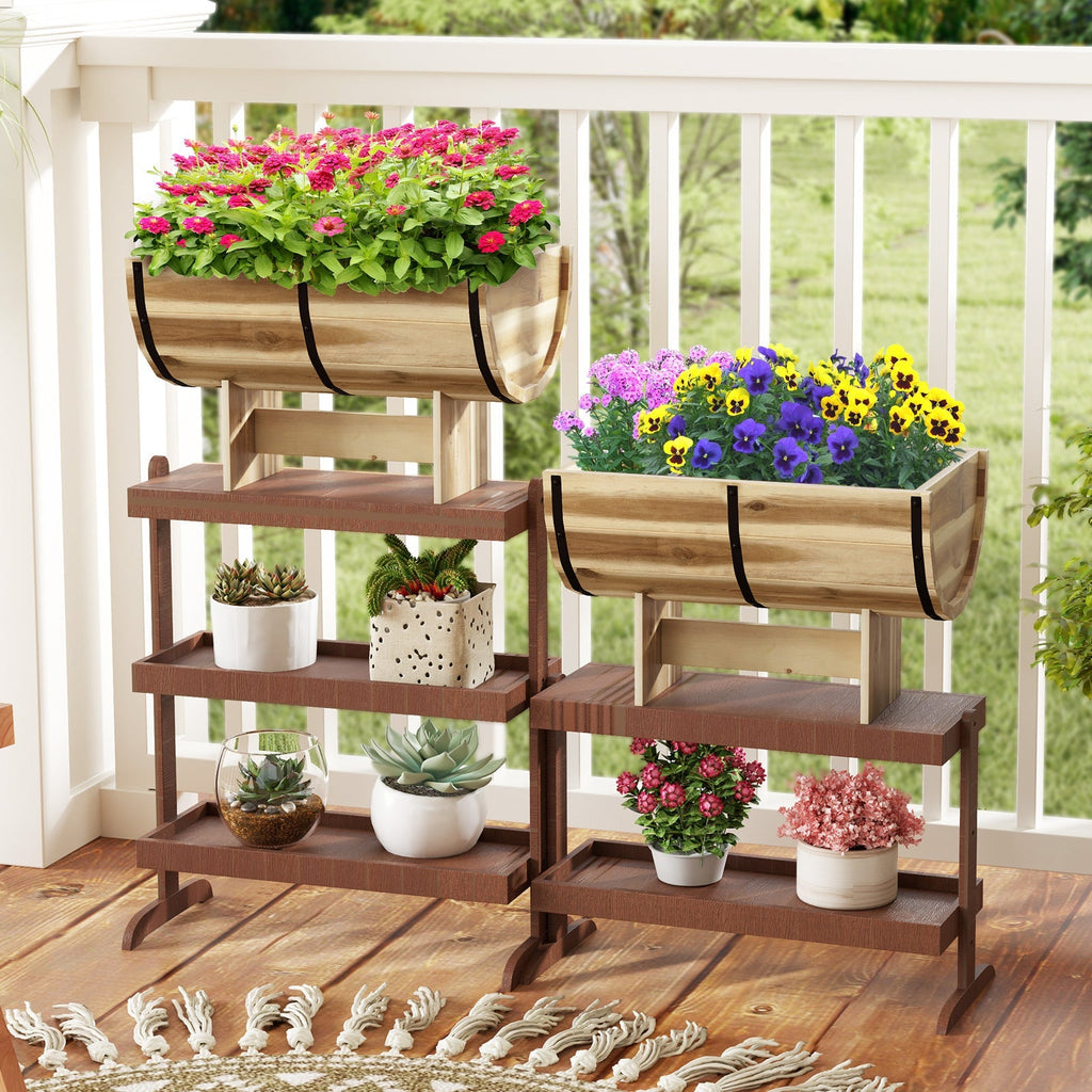 Wooden multi-tier planter shelf with black bands, holding potted flowers on deck