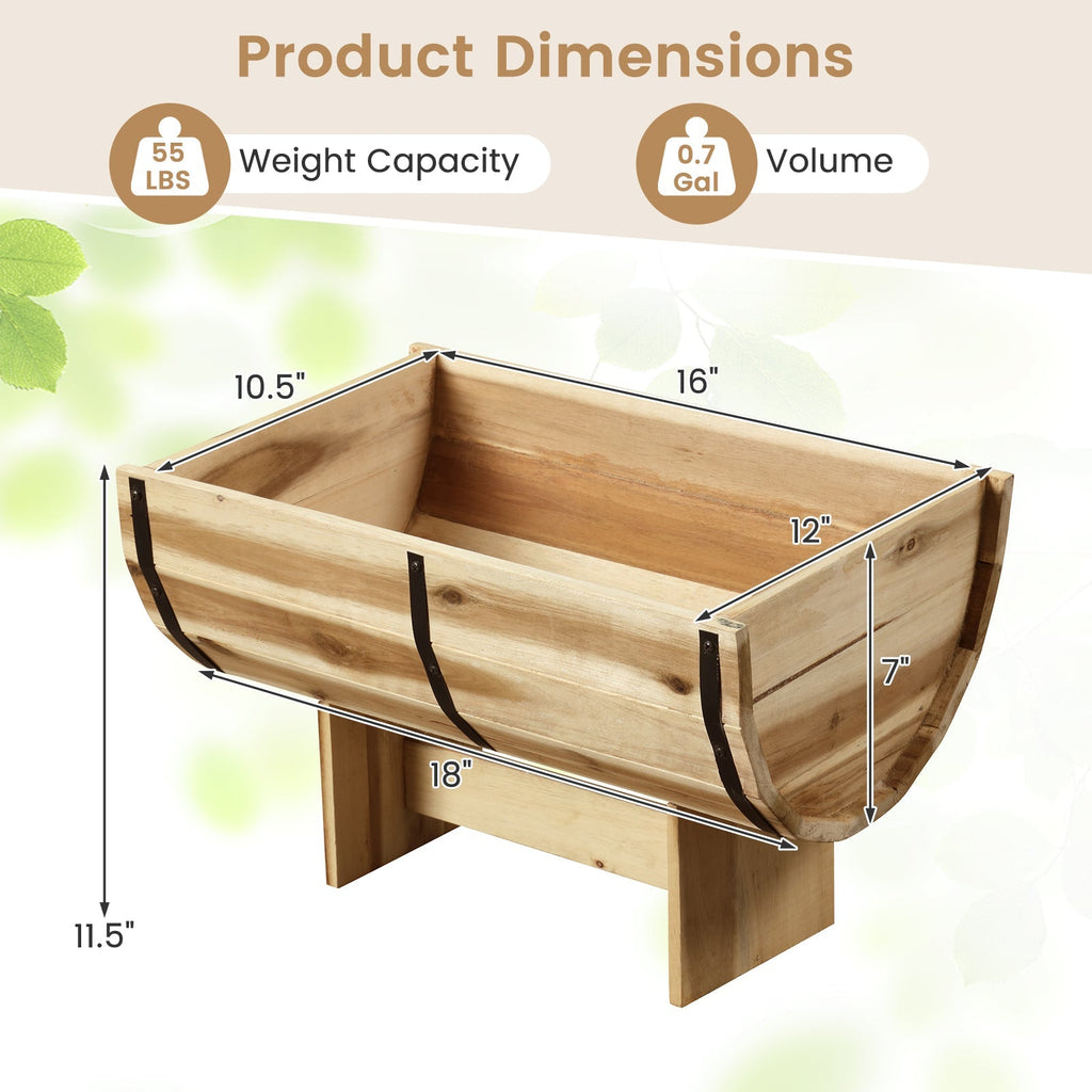 Wooden planter box with legs and black bands, shown with size lines