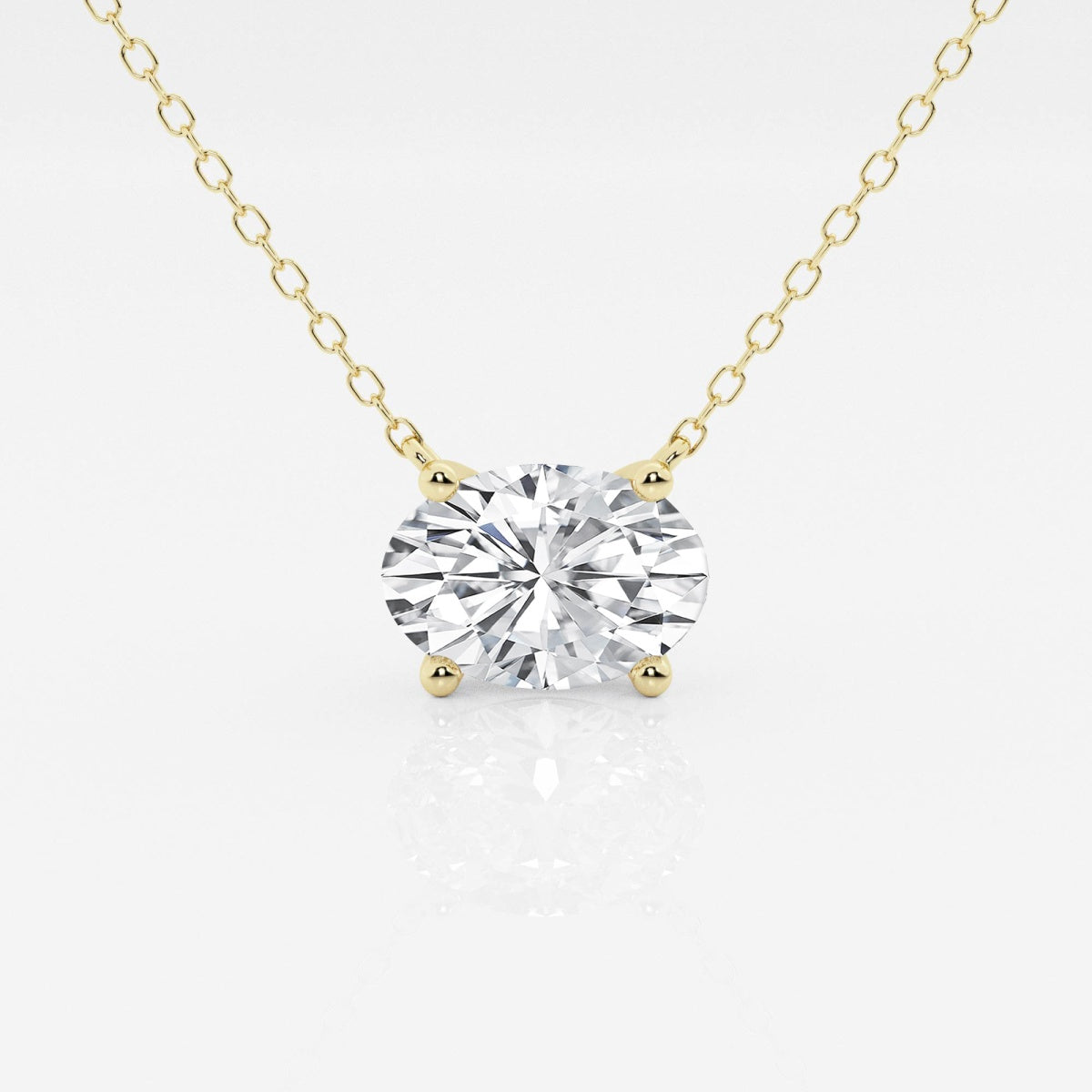 Oval lab-grown diamond solitaire pendant on yellow gold chain, prong-set