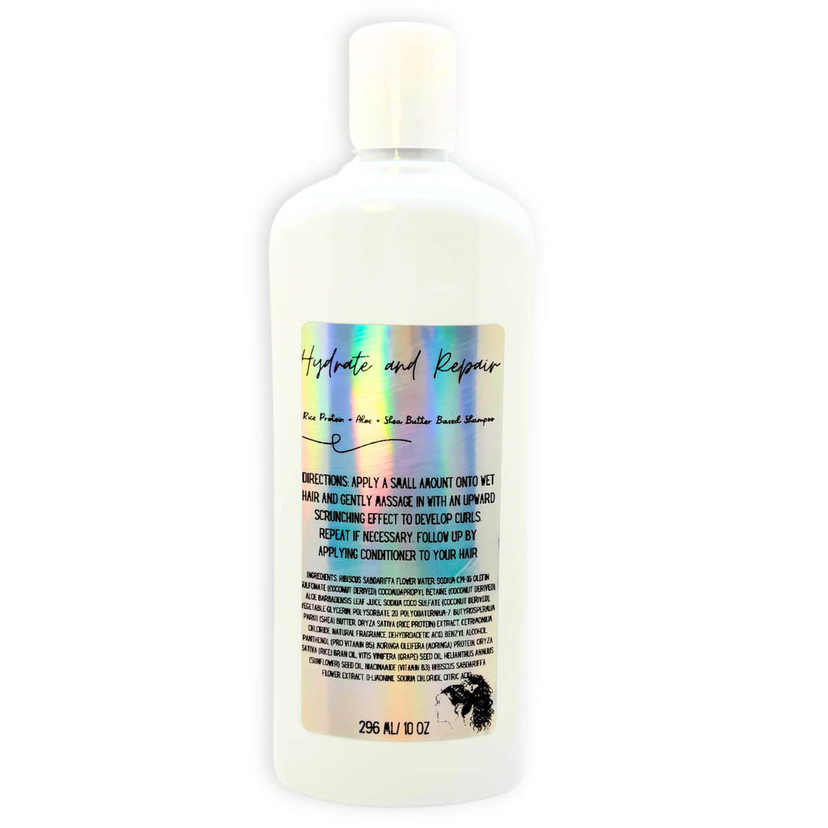 Shampoo bottle back label with directions, 10 oz, pump-top, white bottle.