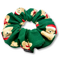 Green scrunchie with teddy bear holiday print and gathered elastic ruffles