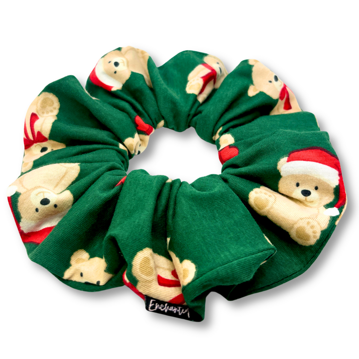 Green scrunchie with teddy bear holiday print and gathered elastic ruffles