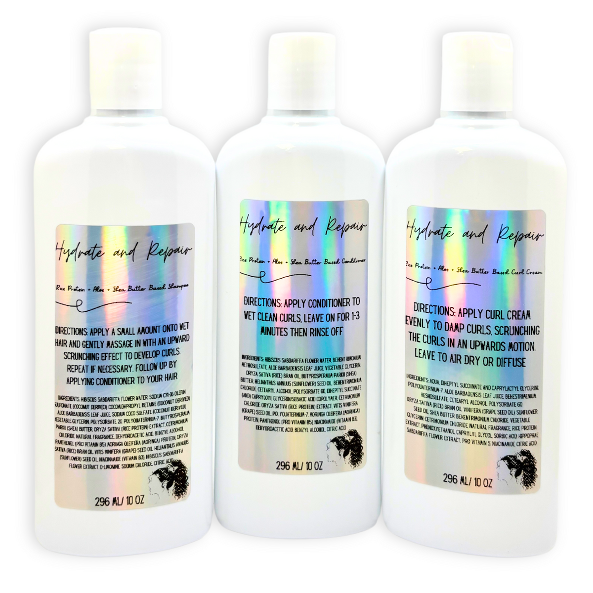 Curl hair care trio bottles with back labels and use directions, 3-pack