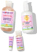 Baby skincare gift set with four bottles: shampoo, eye lotion, bubble bath, jelly mousse