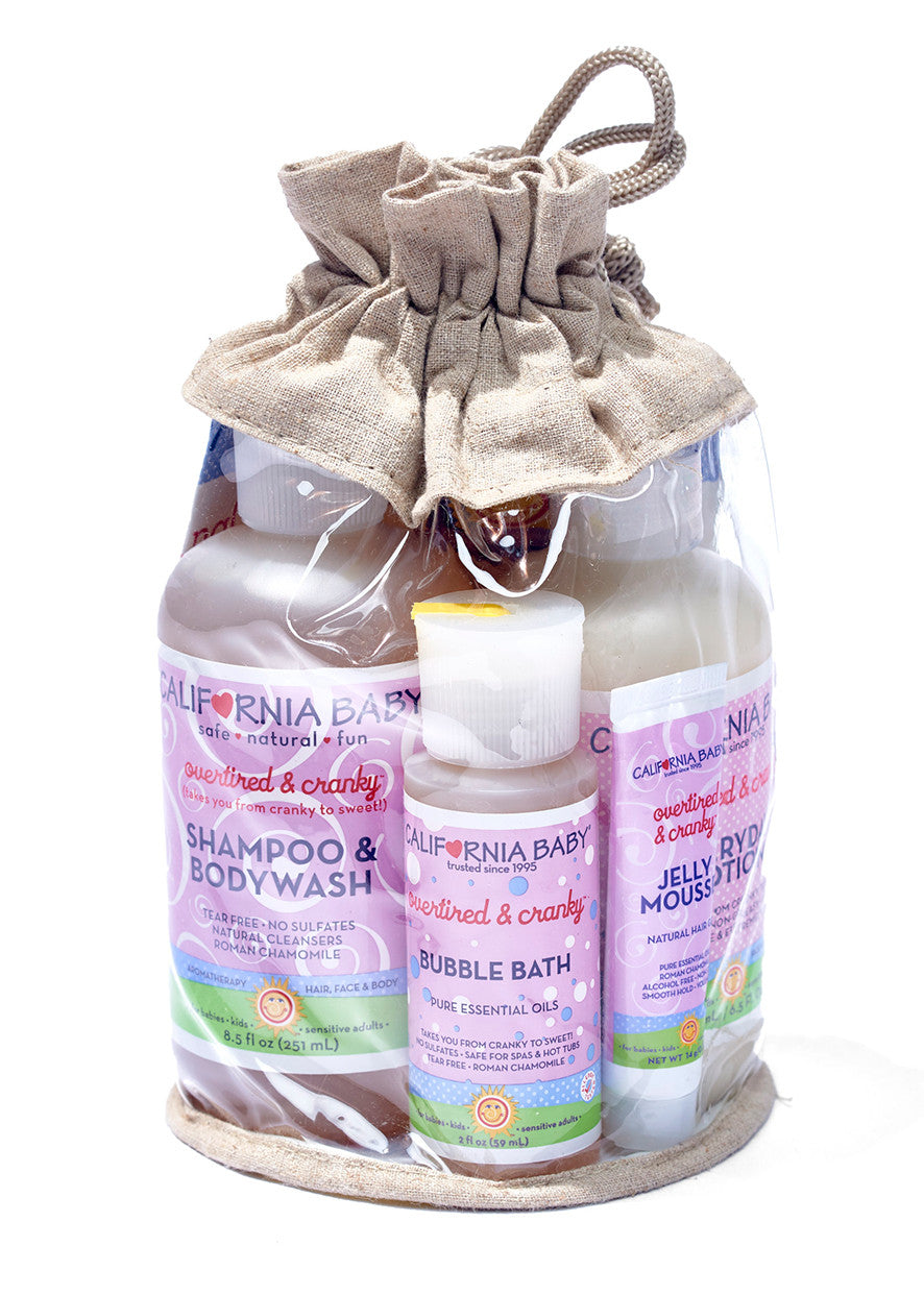 Baby gift set bottles in a drawstring fabric pouch