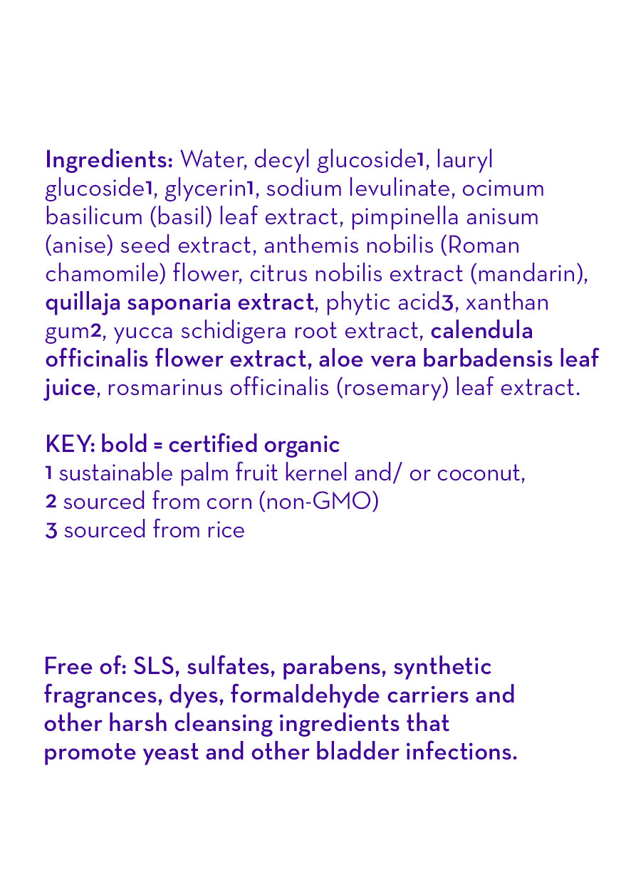 Bubble bath ingredient label with key organic and free-from notes.