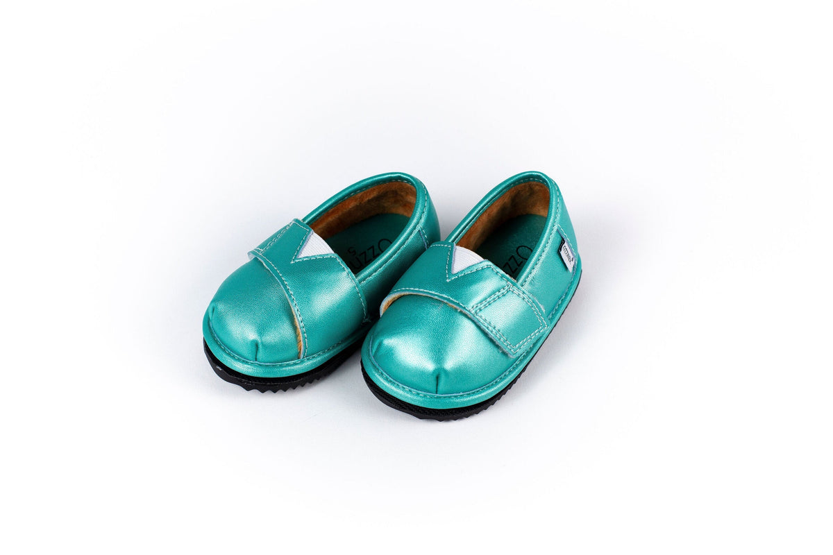 Teal slip-on barefoot shoes with diamond strap detail, side-by-side