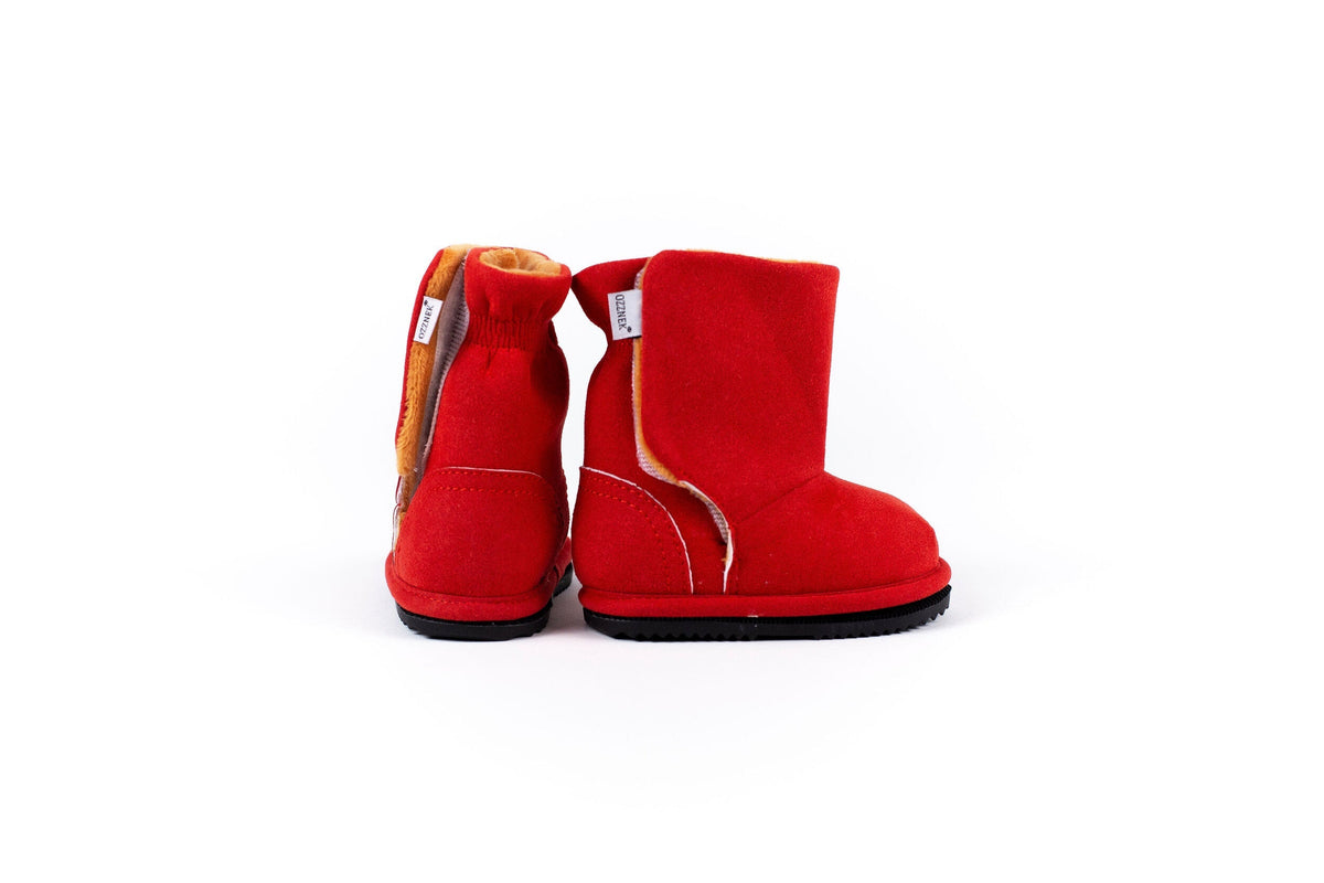 Red kids ankle boots rear view, padded back and pull tabs with low-profile sole