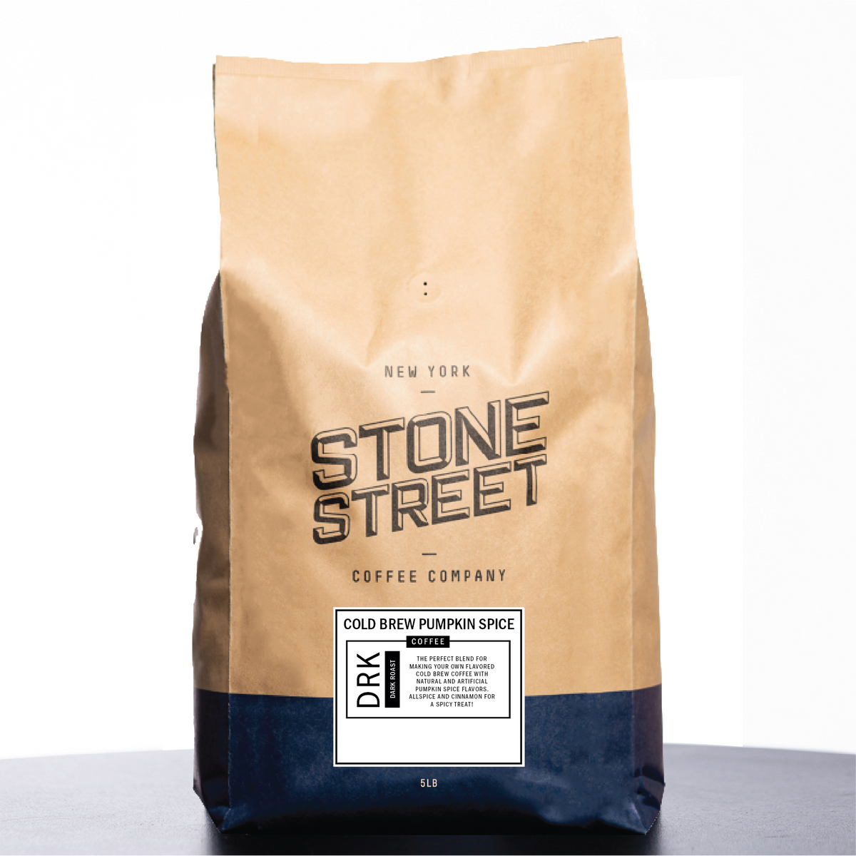 5 lb Stone Street cold brew pumpkin spice coffee bag with front label