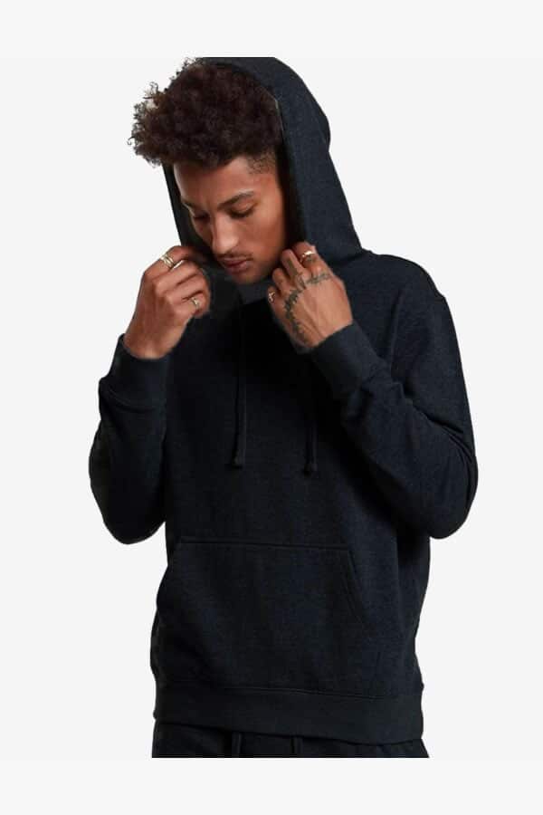 Black heavyweight pullover hoodie with drawstring hood, front pocket, and long sleeves