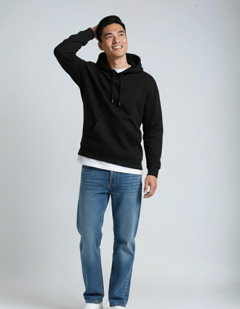 Black heavyweight pullover hoodie with drawstring hood and kangaroo pocket, side pose