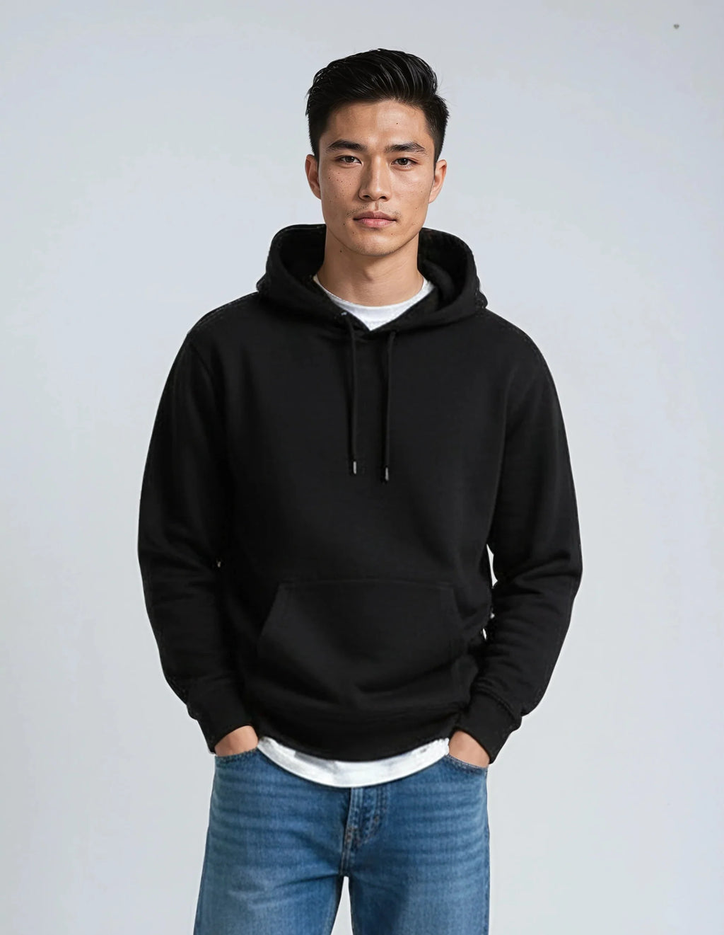 Black heavyweight pullover hoodie with drawstring hood and front kangaroo pocket