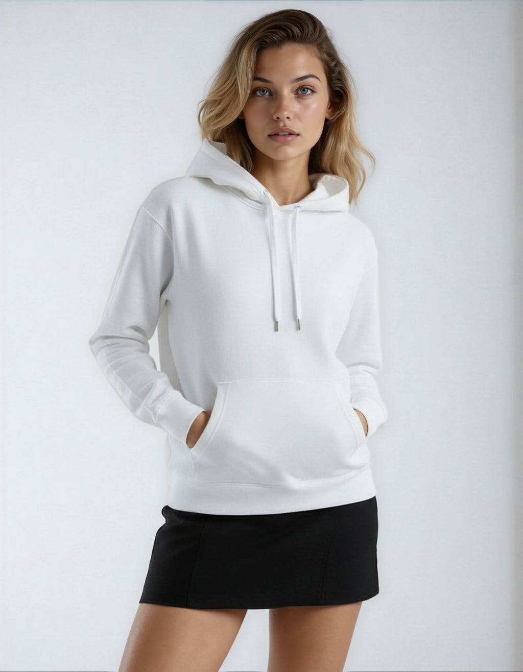 White heavyweight pullover hoodie with front pocket and drawstring hood