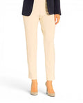 Cream microfiber straight-leg pants with front seam and ankle length