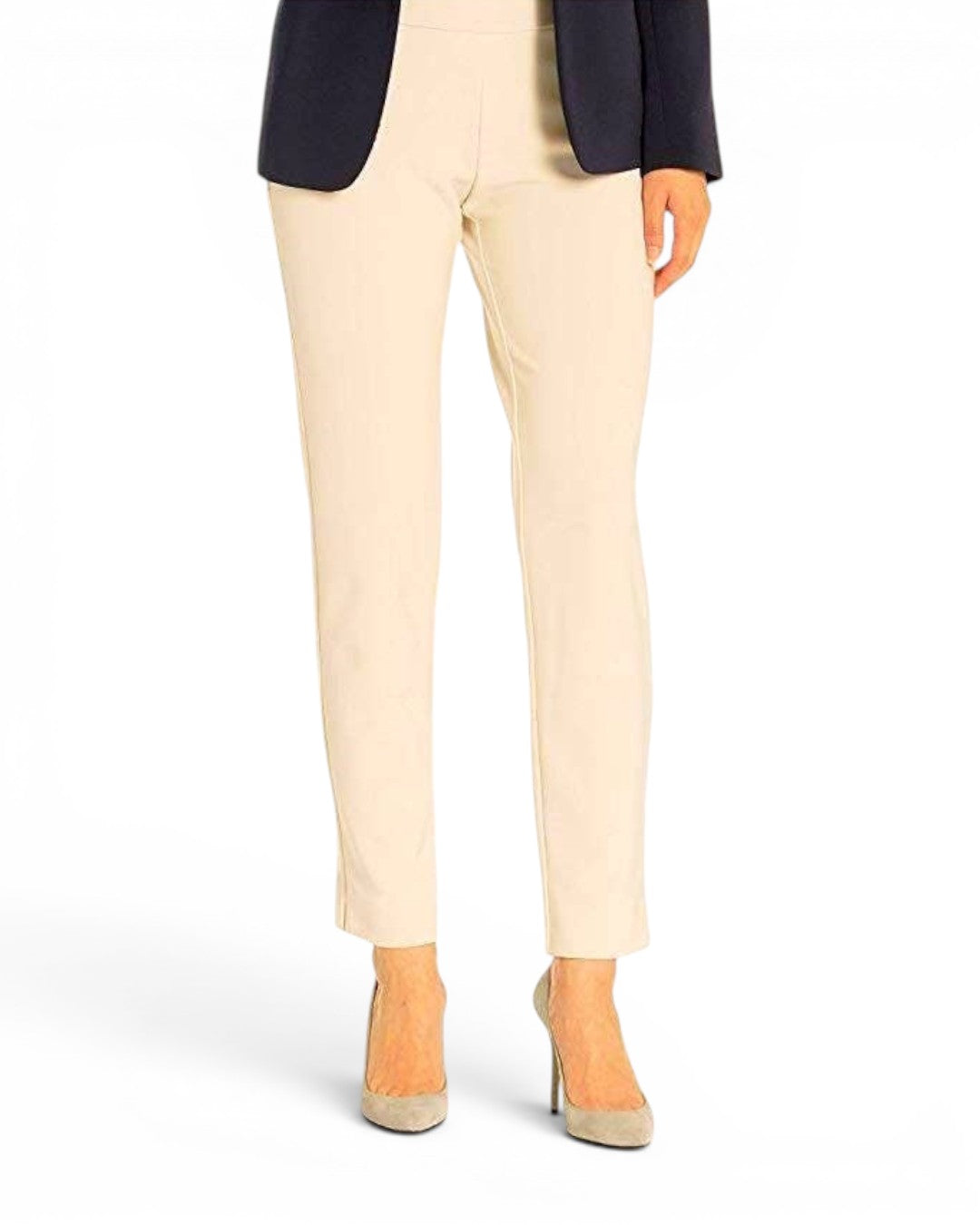 Cream microfiber straight-leg pants with front seam and ankle length