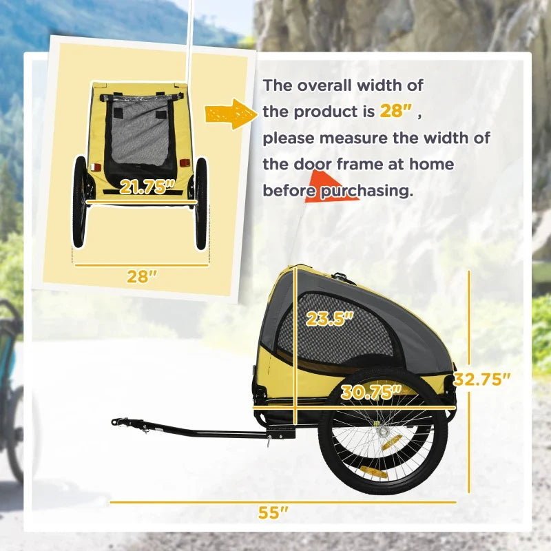 Yellow dog bike trailer pet stroller with size diagram showing width and length