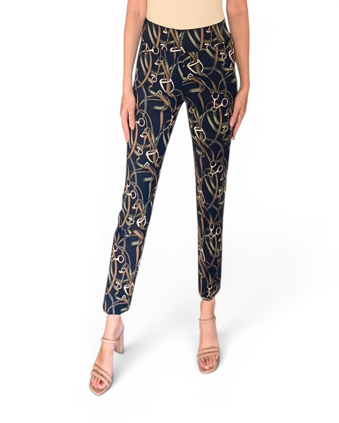 Navy pull-on ankle pants with repeating gold link pattern and elastic waist
