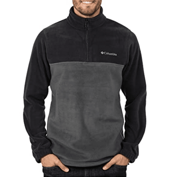 Mens half-zip fleece jacket with color-blocked upper and lower panels, black/gray