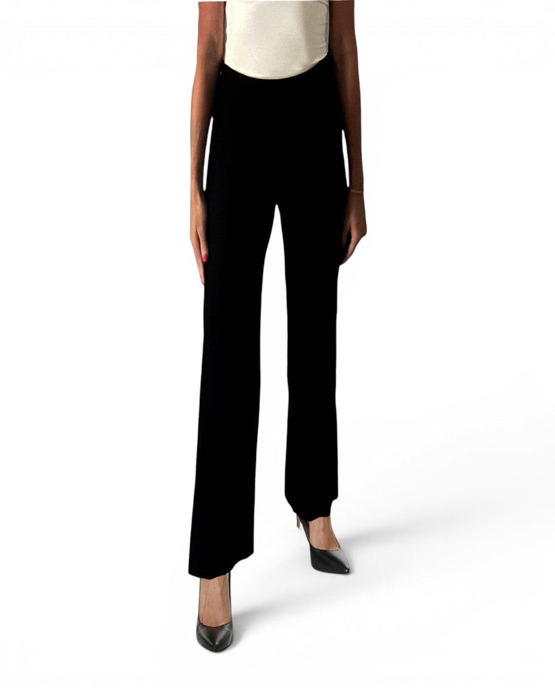 Black pull-on wide ankle pants with straight wide legs and ankle-length hem