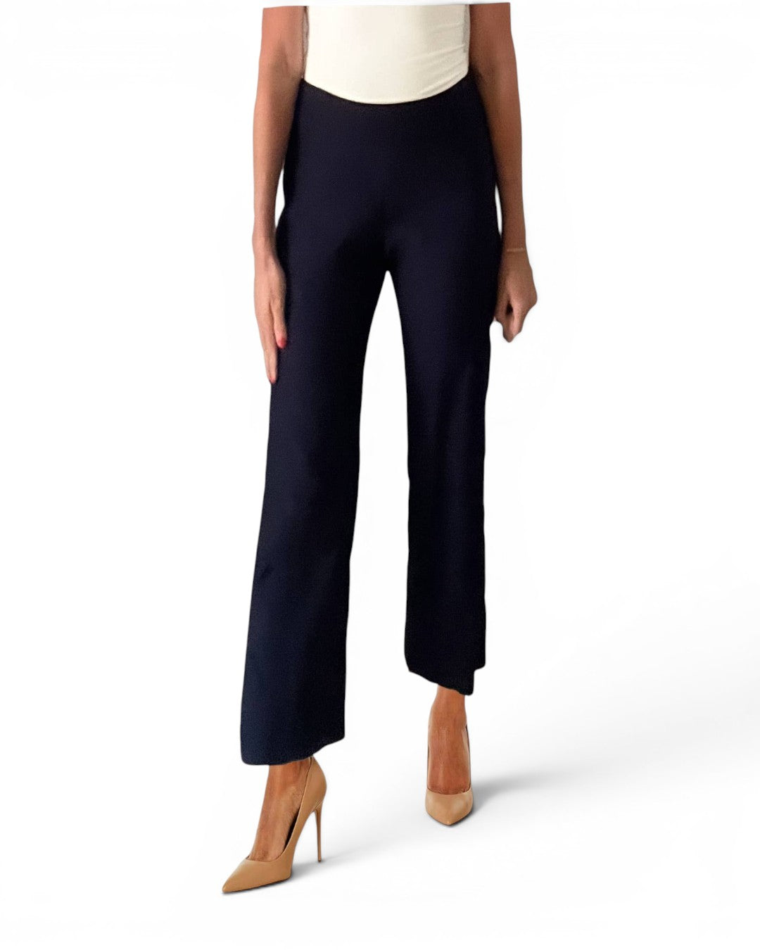 Navy pull-on wide ankle pants with elastic waist and wide straight legs