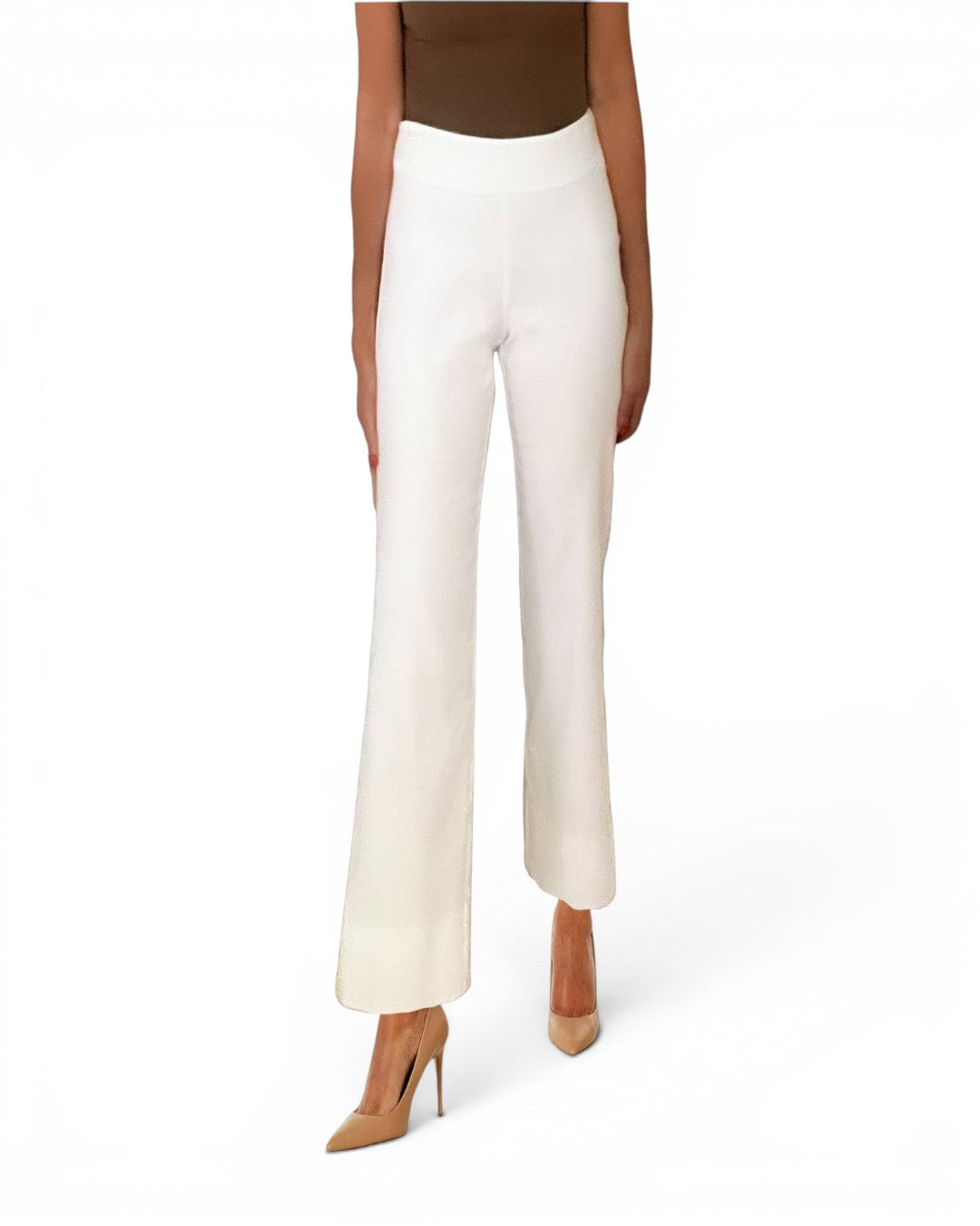 White pull-on wide ankle pants with elastic waistband and straight wide leg