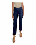 Blue denim pull-on wide ankle pants with relaxed straight legs