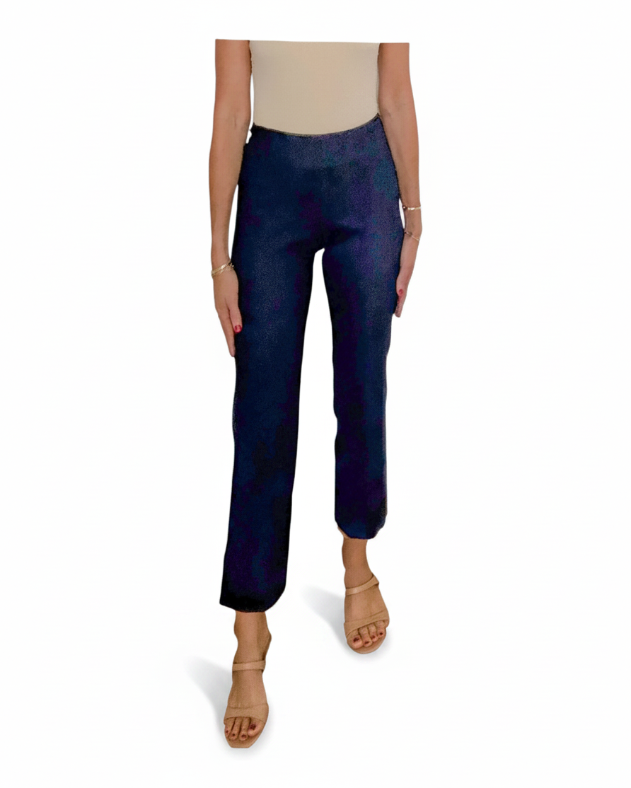 Blue denim pull-on wide ankle pants with relaxed straight legs