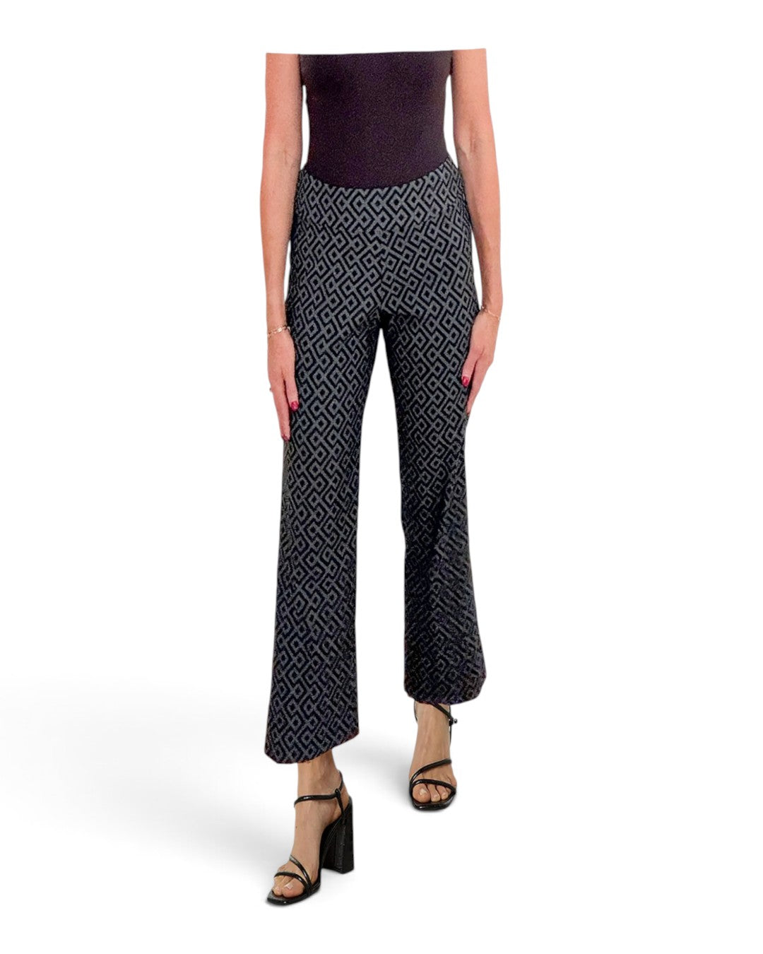Geo-print pull-on wide ankle pants, black with white geometric pattern