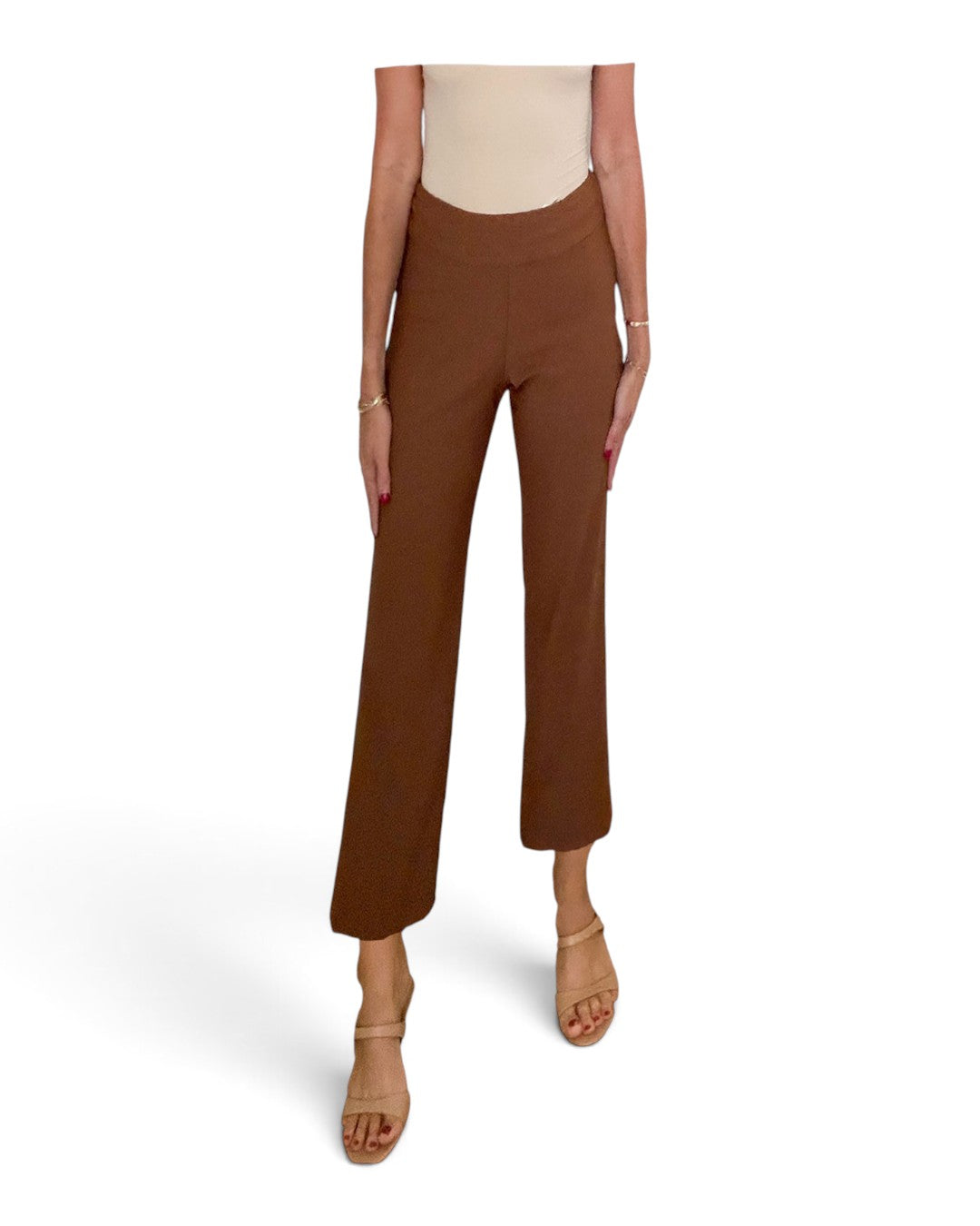 Toffee brown wide ankle pull-on pants with relaxed straight legs