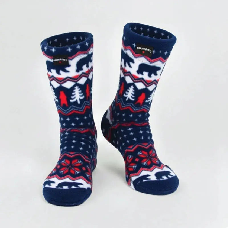 Fleece crew socks in navy with polar bear, trees, and red patterned accents