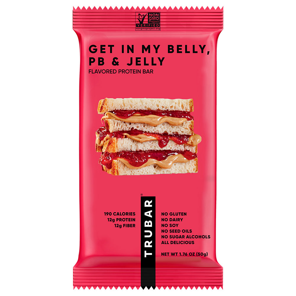 Pink TRUBAR protein bar pouch with stacked sandwich illustration on front