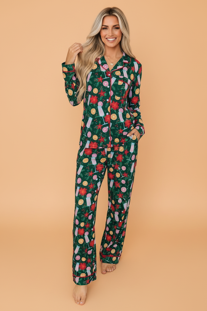 Green holiday pajama set with button-up top and matching pajama pants, full-length sleeves