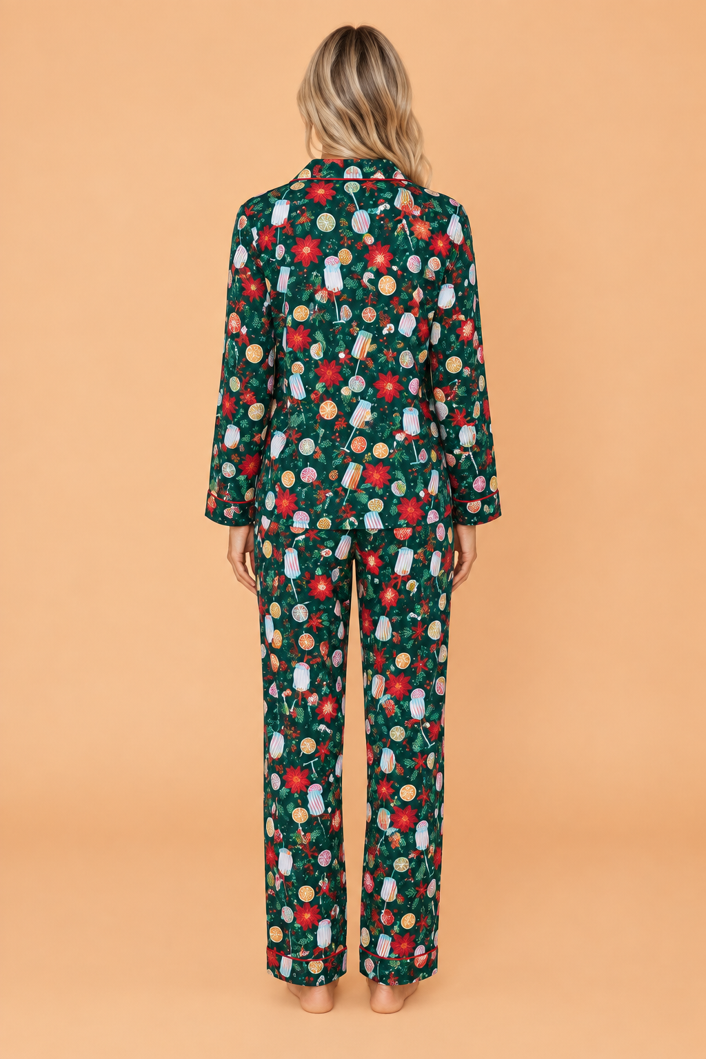 Back view of green holiday pajama set with button-up top and matching pajama pants