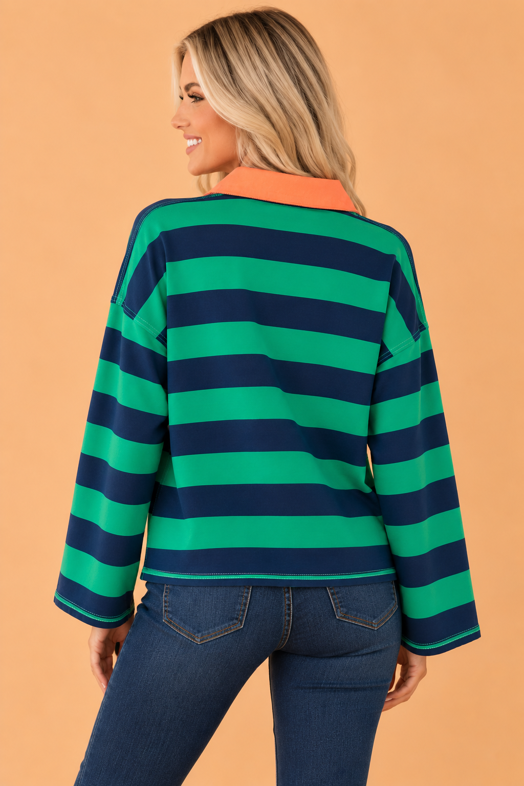 Green and navy striped quarter-zip long sleeve top, half-zip neckline, back view