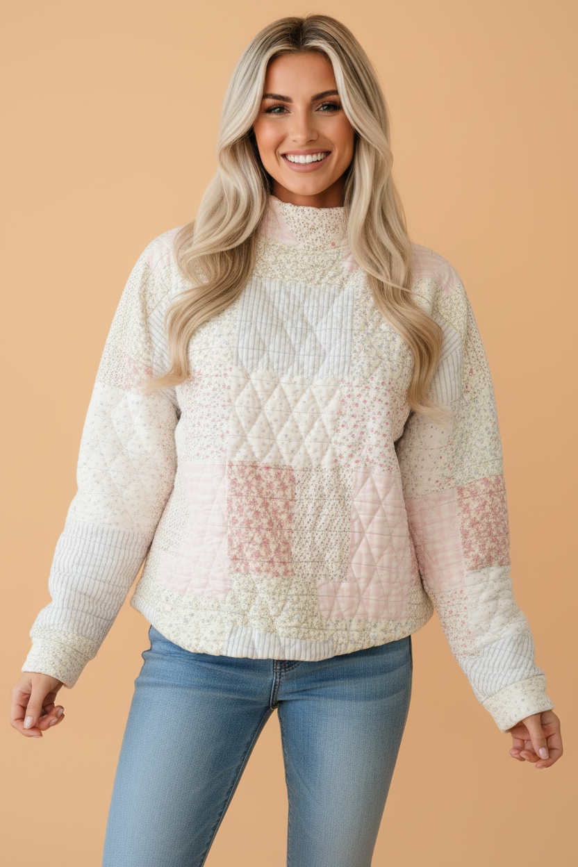 Floral patchwork quilted mock neck long sleeve top, multicolour, light base