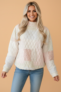 Floral patchwork quilted mock neck long sleeve top, multicolour, light base