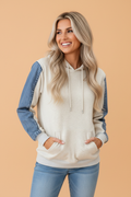 Light grey denim patchwork hoodie with hood, drawstrings, and kangaroo pocket