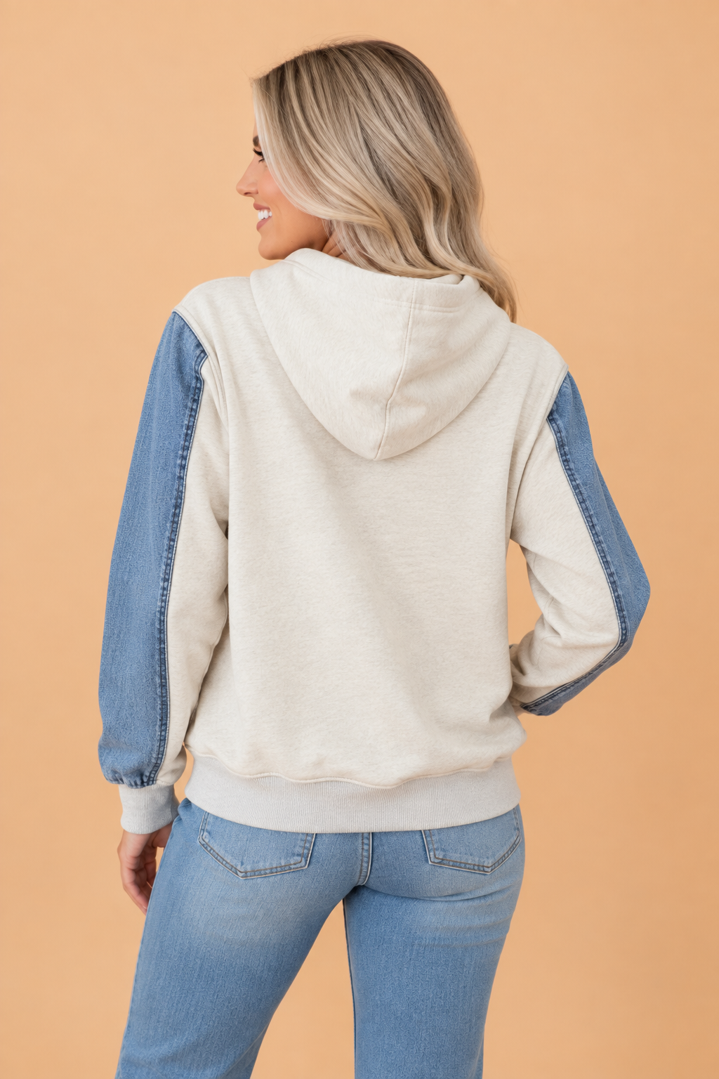 Light grey denim patchwork hoodie with hood and kangaroo pocket, side colorblock sleeves